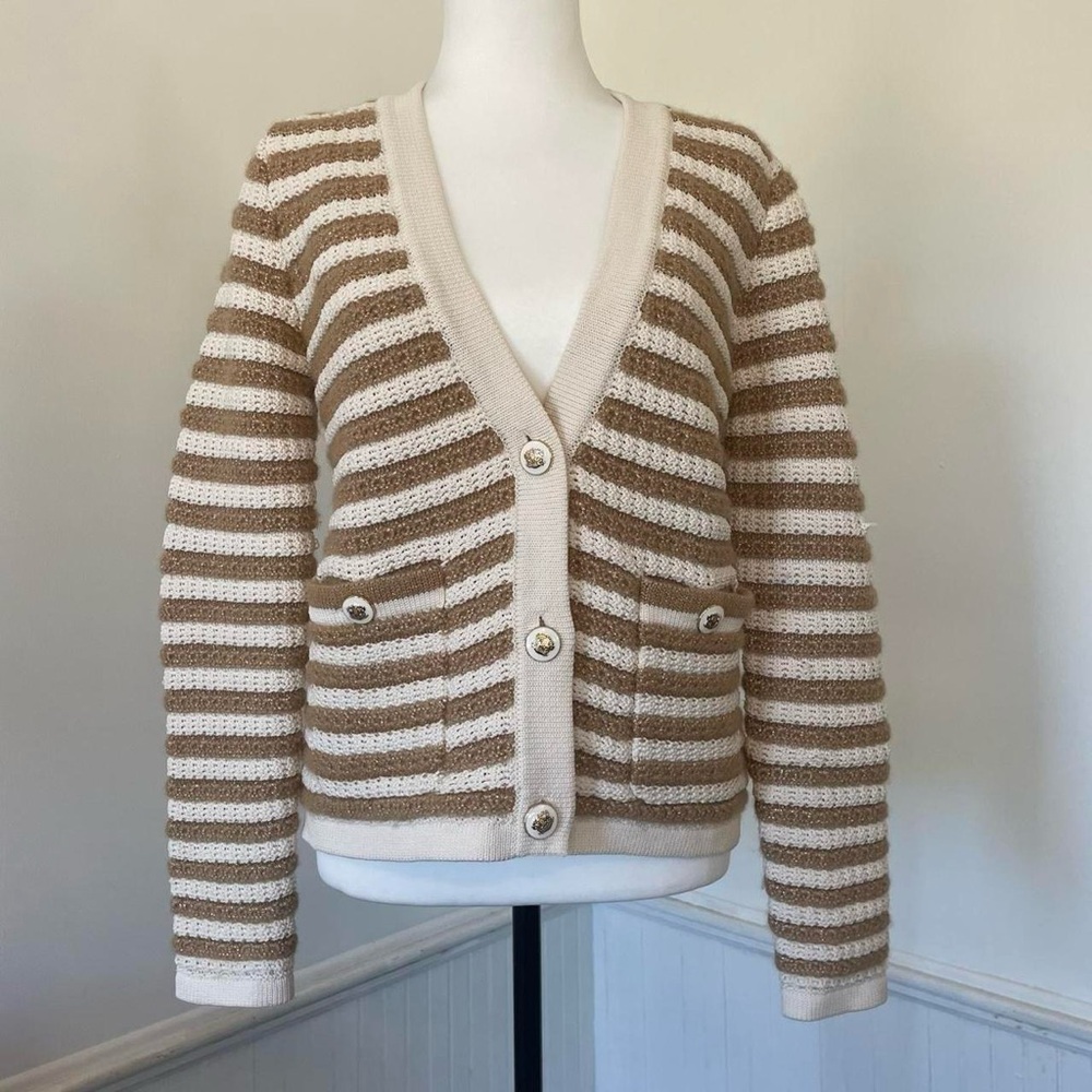 Talbots Kate Cardigan in Metallic Brown Tan Striped Gold Button V-Neck Long Slv